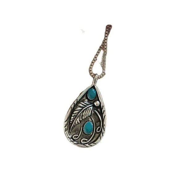 New - Inlaid Turquoise Retro Feather Pendant Necklace w/ 20" Chain - Picture 1 of 8